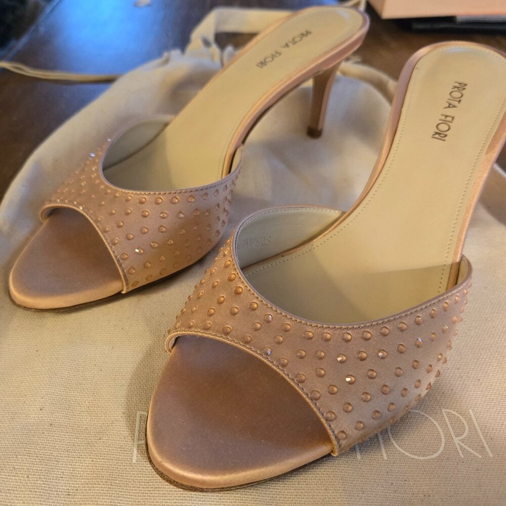 Prota Fiori silk crystal- embellished mules. Nude